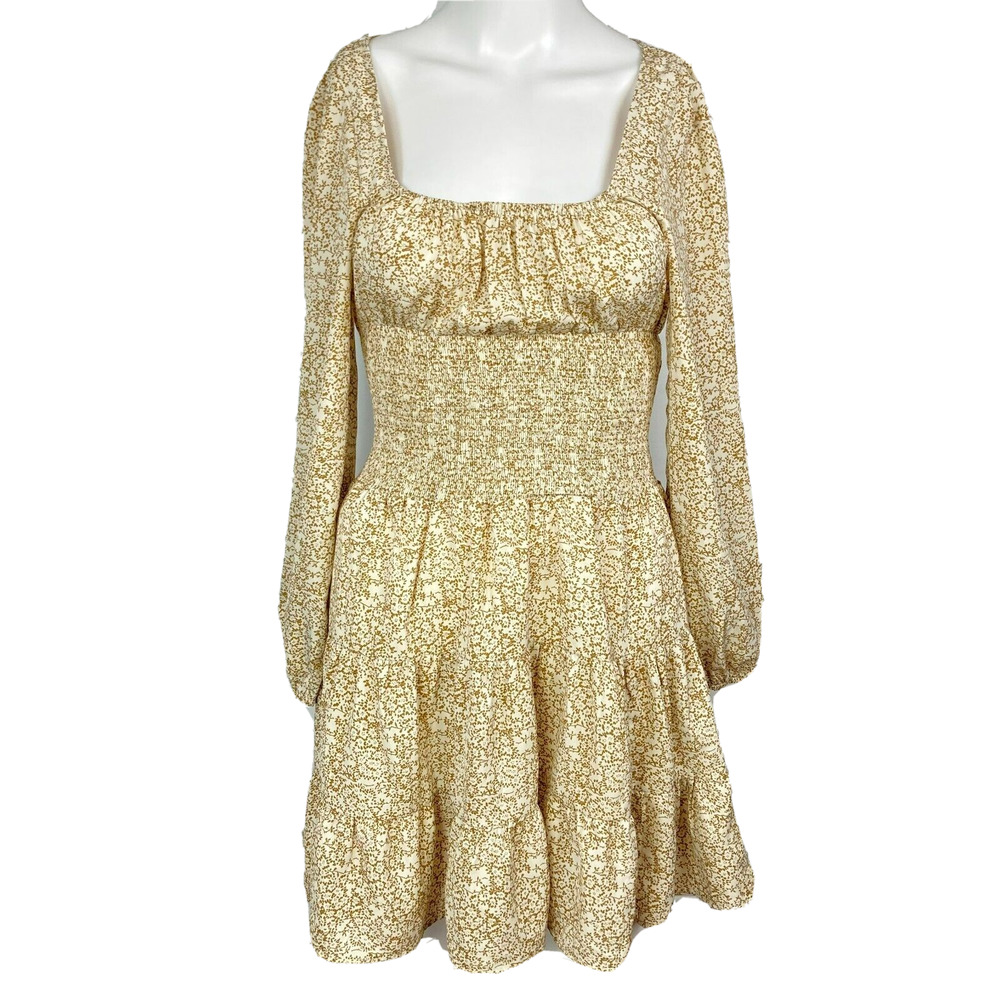 Princess Polly Dress Women 2 Beige Floral Print Mini Smocked Tiered Boho Lined‎
